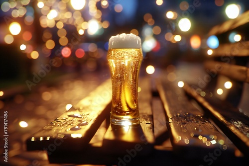 Glass of beer on the table in the city with bokeh