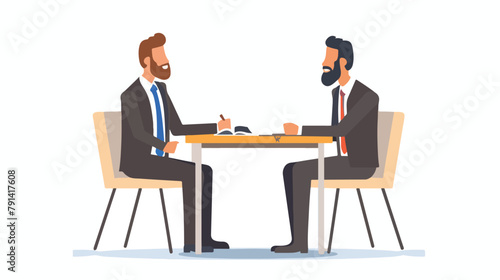 Friendly male in suit sitting at table during job 