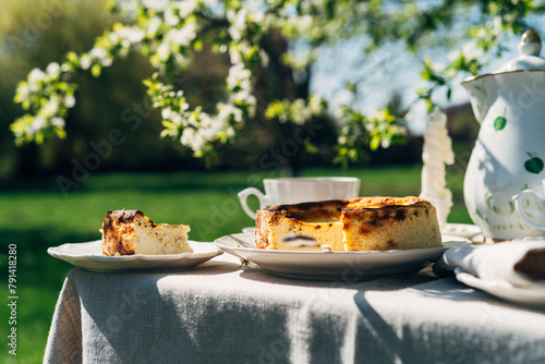 Low angel view of San Sebastian Burnt Basque cheesecake. Aesthetic countryside breakfast
