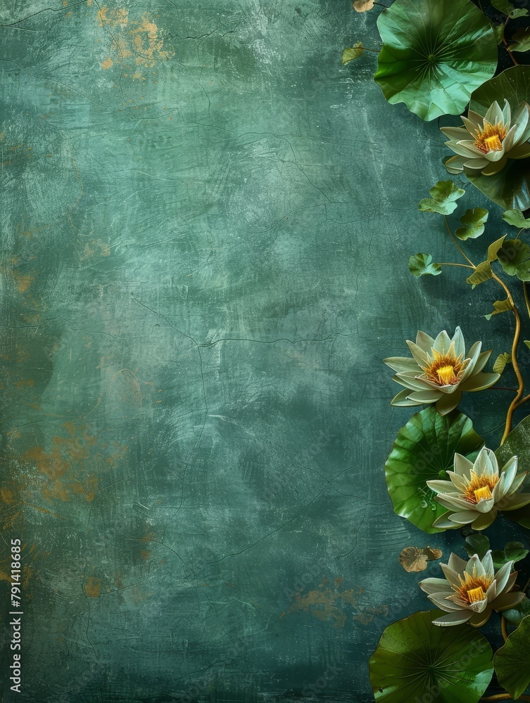 White lotus flowers with green leaves on a blue-green textured surface.