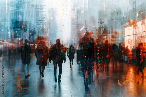 People Walking in a Busy Modern City.  Generated Image.  A digital illustration of people walking in a busy modern city including the appearance of motion.