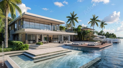 An elegant waterfront estate with panoramic views of the ocean, featuring expansive terraces and a private dock for yachts, epitomizing luxury living with its sleek modern design and lavish amenities.