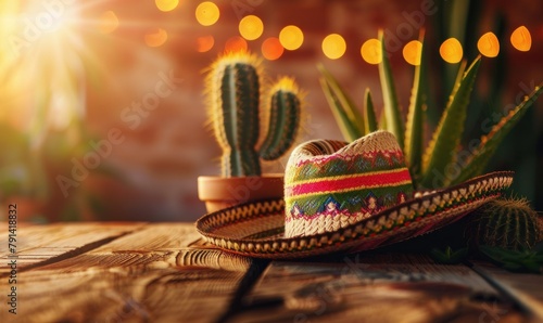 Mexican hat with cactus on wooden table. Bokeh lights. Cinco de mayo background photo