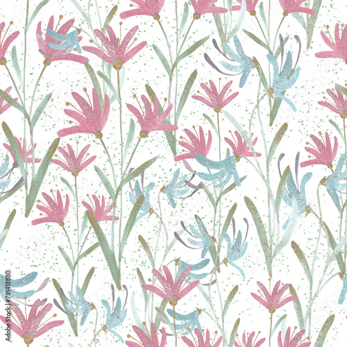 Mother-of-pearl flowers. Seamless pattern of pink and blue flowers on a white background with green splashes.