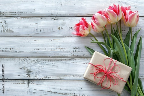Tulips and gift box on white wooden background. Top view with copy space. Valentine's Day, Woman's Day, Mother's Day, Easter.