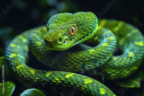Close-up of a green pit viper (Reticulated pit viper)