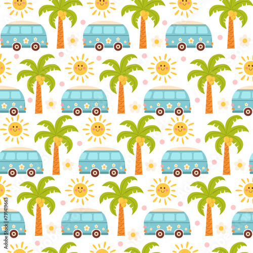 Seamless summer pattern with car or bus, palm tree and sun. Vector background © Vetriya
