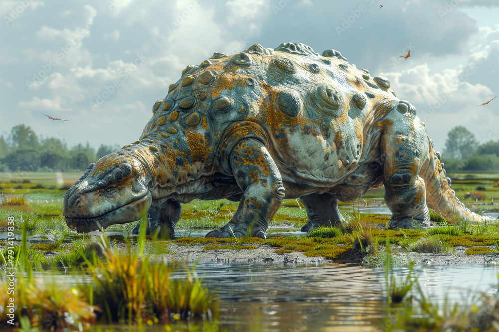 Obraz premium A curious Ankylosaurus, with its heavily armored body and clubbed tail, foraging for vegetation in prehistoric marshlands. Concept of armored herbivore. Generative Ai.