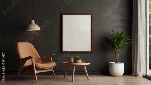 Frame mockup, ISO A paper size. Living room wall poster mockup. Interior mockup with house background. Modern interior design. 3D render © Grigoriy