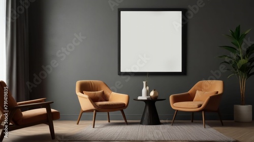 Frame mockup, ISO A paper size. Living room wall poster mockup. Interior mockup with house background. Modern interior design. 3D render © Grigoriy