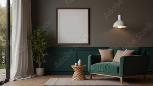 Frame mockup  ISO A paper size. Living room wall poster mockup. Interior mockup with house background. Modern interior design. 3D render