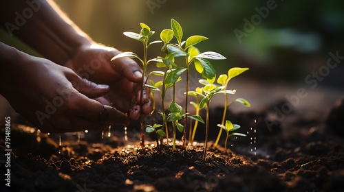 Farmers planting new trees and watering them to help increase oxygen in the air and reduce global warming, planting new trees in the forest, Concept of people Save the earth, world or planet, ecology 