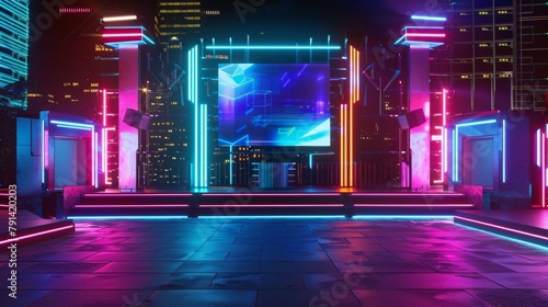 Blank mockup of a futuristic and scifi themed outdoor stage with holographic projections and laser lights for a hightech New Years Eve party. .