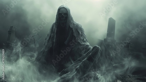 A dark figure with a skull for a head is sitting on a gravestone in a foggy cemetery. photo
