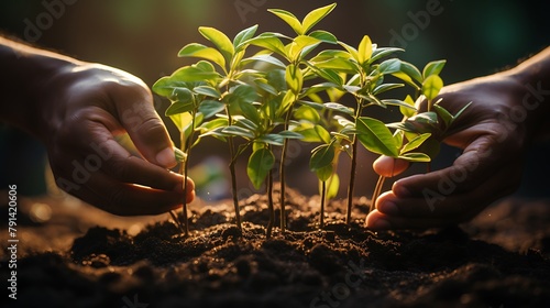 Farmers planting new trees and watering them to help increase oxygen in the air and reduce global warming, planting new trees in the forest, Concept of people Save the earth, world or planet, ecology 