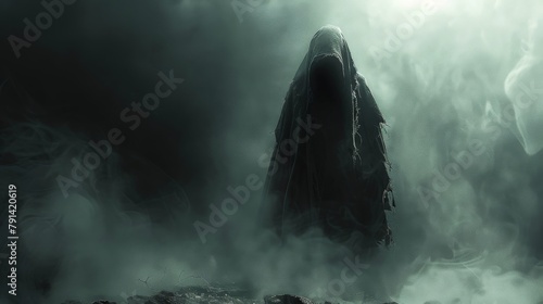 Dark figure with hood standing in the middle of a foggy forest