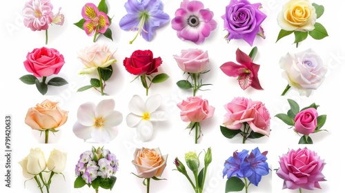 A vibrant collection of various meadow flowers  presenting unique shapes and colors  meticulously arranged on a stark white background to highlight their natural beauty.