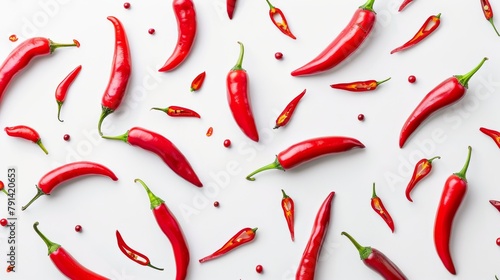 Chili peppers scattered on white background photo