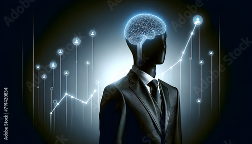 A professional person in a business suit pointing upwards with a glowing fingertip towards a digital graph line that is ascending upwards, representing growth and success. photo