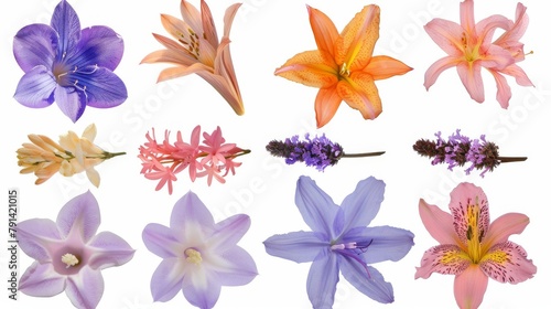 A Vibrant Collection Of Various Colorful Meadow Flowers Arranged on a White Background. Presenting unique shapes and colors  meticulously arranged to highlight their natural beauty.