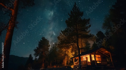 House in the forest. Starry night ambiance at mountain camp, captivating, cosmic, immersive. Soft, ambient starlight.