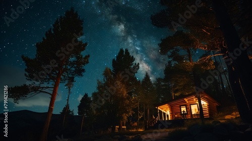 House in the forest. Starry night ambiance at mountain camp, captivating, cosmic, immersive. Soft, ambient starlight.