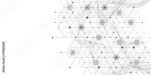 Technology abstract lines and dots connect background with hexagons. Hexagons connection digital data and big data concept. Hex digital data visualization. Vector illustration