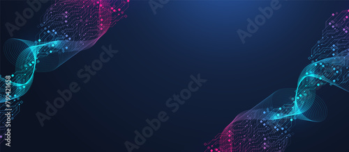 Quantum computer technologies concept. Futuristic blue circuit board background vector. Modern technology circuit board texture background design. Waves flow. Quantum explosion technology.
