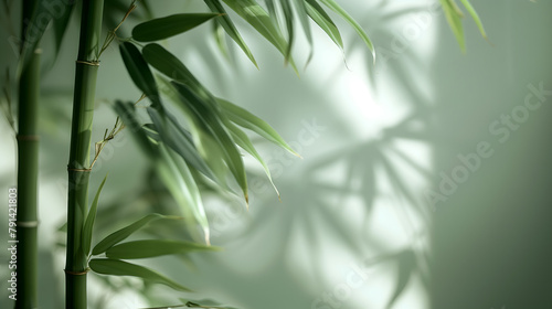 Soft light filters through the lush green leaves of bamboo  giving a tranquil and refreshing ambiance to the space. 