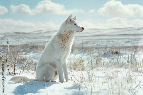 Siberian husky dog in winter landscape,  Portrait of beautiful siberian husky dog photo