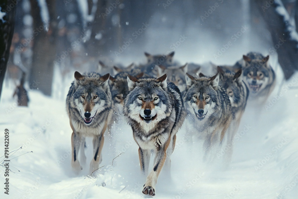 A pack of wolves in the winter forest,  Canis lupus