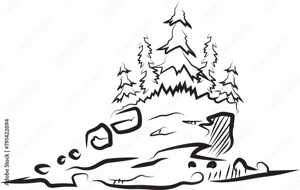 Hand-drawn icon of a small island on which large trees grow Hand-drawn icon of a small island on which large trees grow