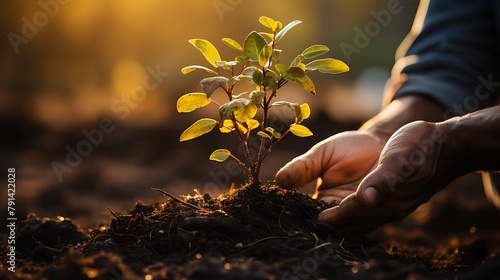 Farmers planting new trees and watering them to help increase oxygen in the air and reduce global warming, planting new trees in the forest, Concept of people Save the earth, world or planet, ecology 