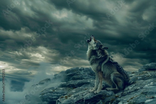 Wolf on the top of a mountain,  Dramatic sky with clouds © Cuong