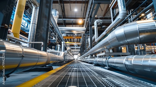 Modern industrial interior of a factory with pipes and ducts. Efficient design showcasing technology and engineering. Perfect for business and tech backgrounds. AI