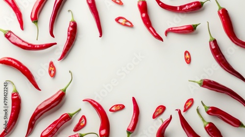 Chili peppers scattered on white background