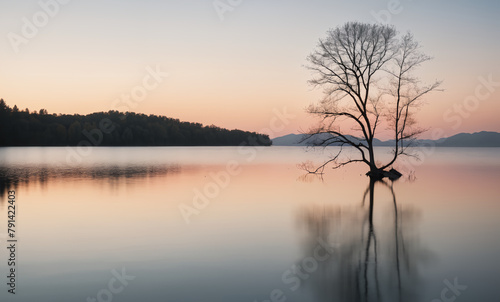 A wide-angle minimalist landscape of a vast  calm lake at sunset. The silhouetted tree stands on a distant shore