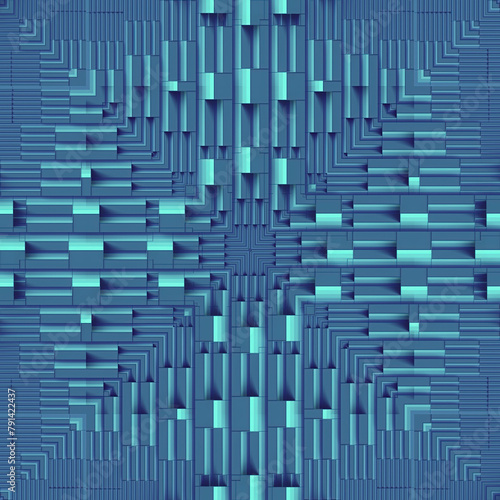 3d rendering digital illustration of complex geometric symmetric pattern in blue neon color