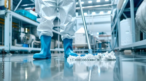 Industrial cleanliness with a human touch. Factory worker mopping the floor. Sterile environment maintenance. Professional janitorial services. AI