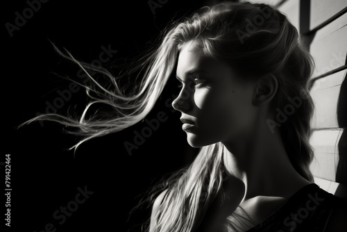 Dramatic Contrast: Obscured Face Illuminated by Light and Shadow, Emphasizing Flowing Hair Movement