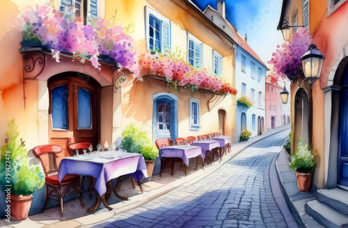 watercolor postcard with an old medieval European night street with an outdoor cafe © YuliaBulgakova