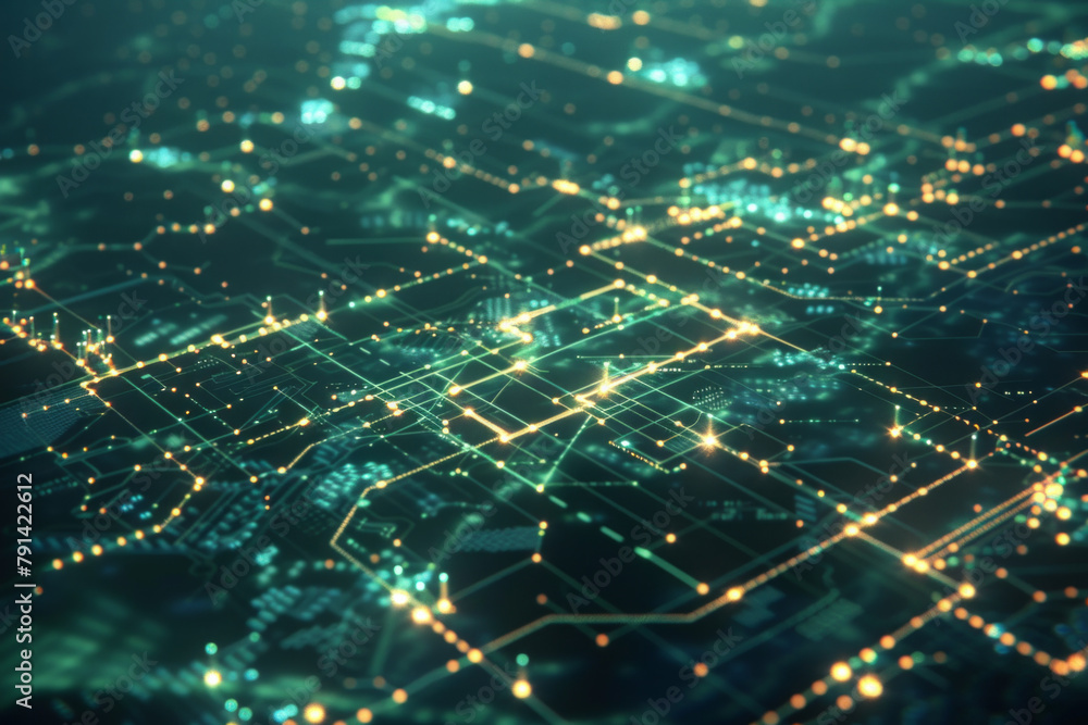 Obraz premium A digital landscape reminiscent of a map. Lines crisscross the terrain and delineating network boundaries 