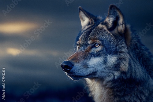 Portrait of a gray wolf in the evening   Toned