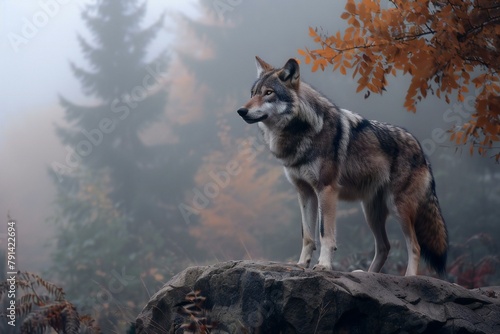 Lone wolf standing on rock in foggy forest   Animal portrait