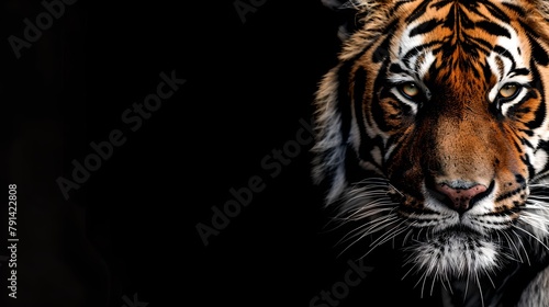 Majestic Tiger Portrait on a Black Background, Vivid Orange and Black Stripes, Wildlife Photography Style, Symbol of Power and Grace. AI