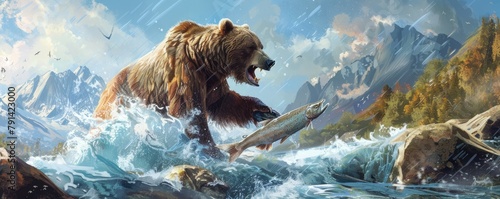 A grizzly bear hunting a salmon fish