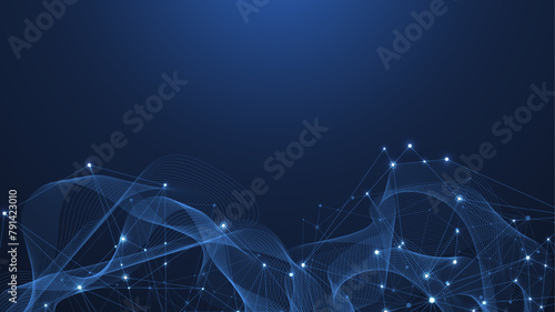 Vector connections of lines and dots. Technology banner template. Graphic abstract background communication. Minimal array with compounds lines and dots. Digital data visualization
