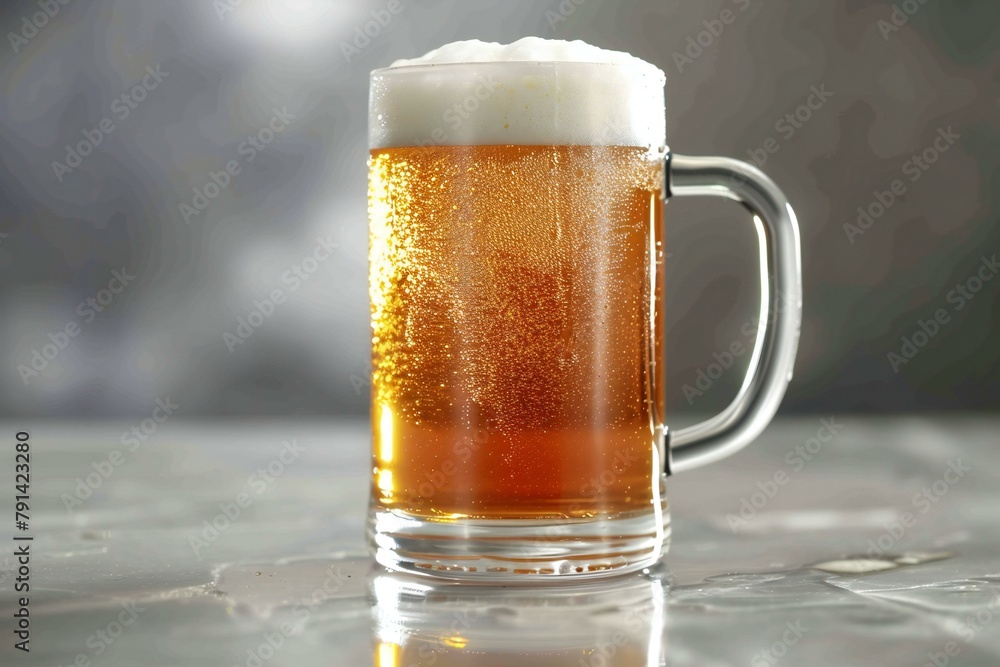 Mug of beer with foam on a gray background, close-up