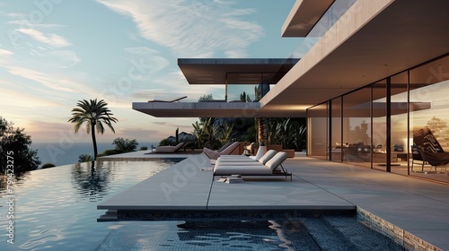 An ultra-modern villa with sleek lines and minimalist design, featuring infinity pools and rooftop terraces that offer panoramic views of the surrounding landscape,  photo