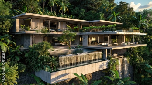 An ultra-modern villa nestled amidst lush tropical foliage and cascading waterfalls  with sleek interiors and infinity pools that offer a sanctuary of serenity and seclusion